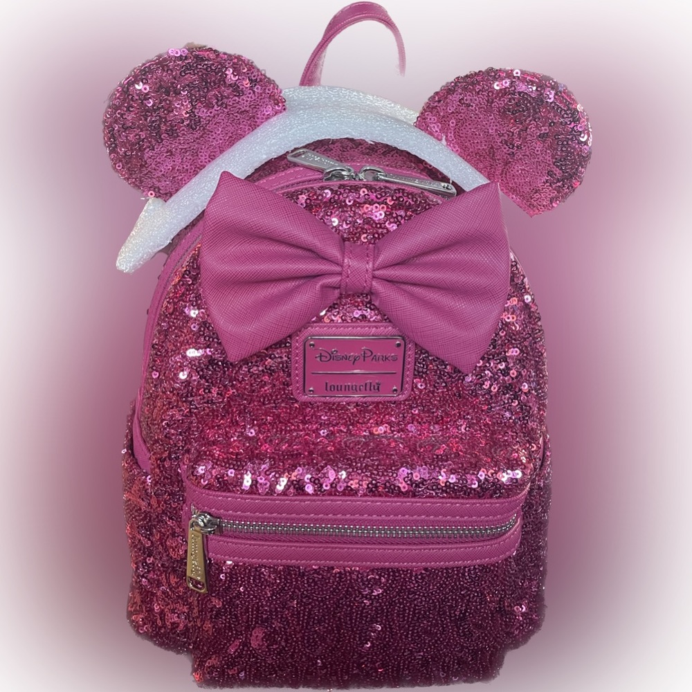 NWT Loungefly Disney Minnie Mouse Magenta Pink Sequin Mini Backpack